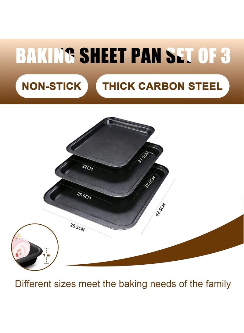 طقم صواني خبز من الفولاذ الكربوني مكون من 3 قطع، صواني خبز غير لاصقة للفرن، أدوات خبز متينة وغير سامة، صواني سهلة التنظيف لأفران المطبخ، مثالية لخبز الكوكيز، البراونيز، البيتزا، وشوي الخضار. - Image 2